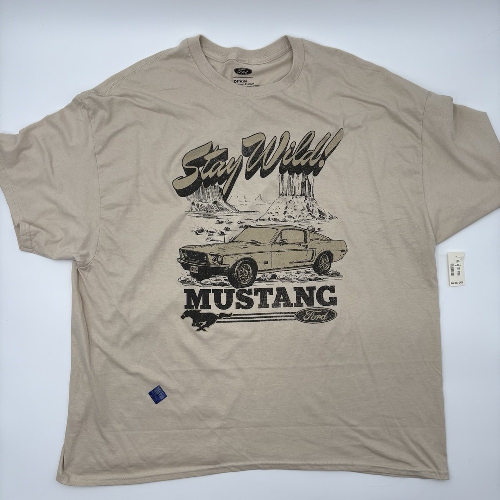 Ford Mustang Stay Wild T-Shirt Mens 2XL Tan Graphic Tee Muscle Car NWT Hybrid